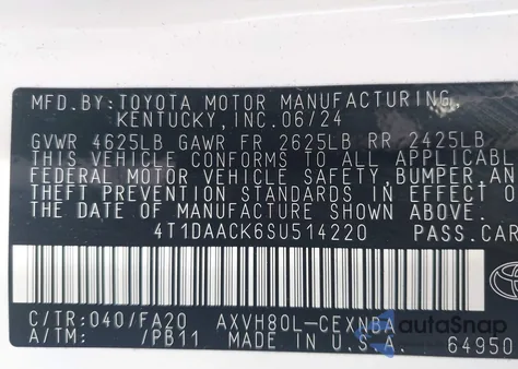 2025 Toyota Camry Le z USA, uszkodzony, nr VIN 4T1DAACK6SU514220